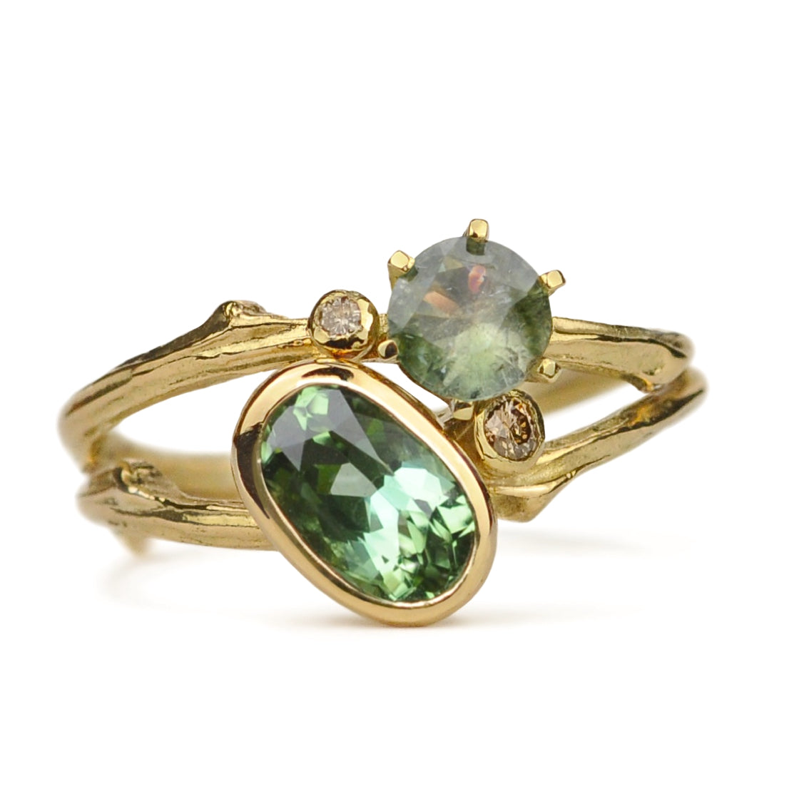 Gouden set Tiny Blossom ringen met groene toermalijn en bruine diamant