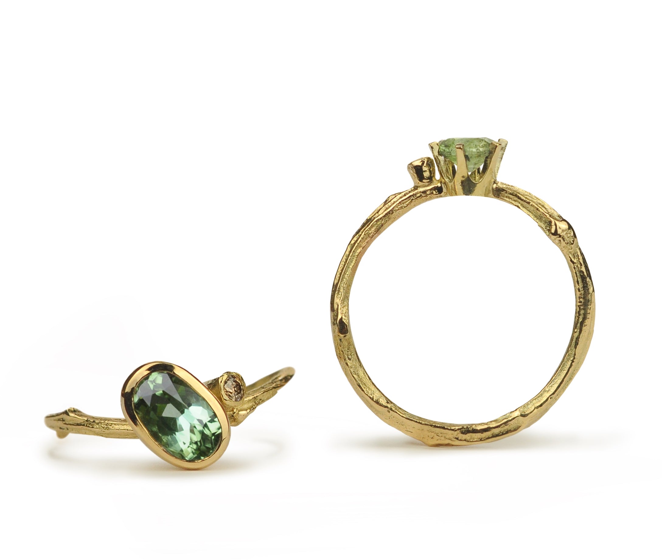 Gouden set Tiny Blossom ringen met groene toermalijn en bruine diamant