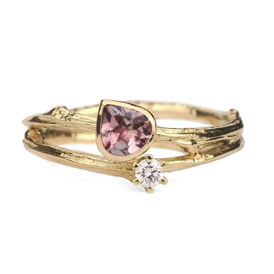 Gouden Tiny Blossom 'twin' ring met vingerafdruk, toermalijn en diamant